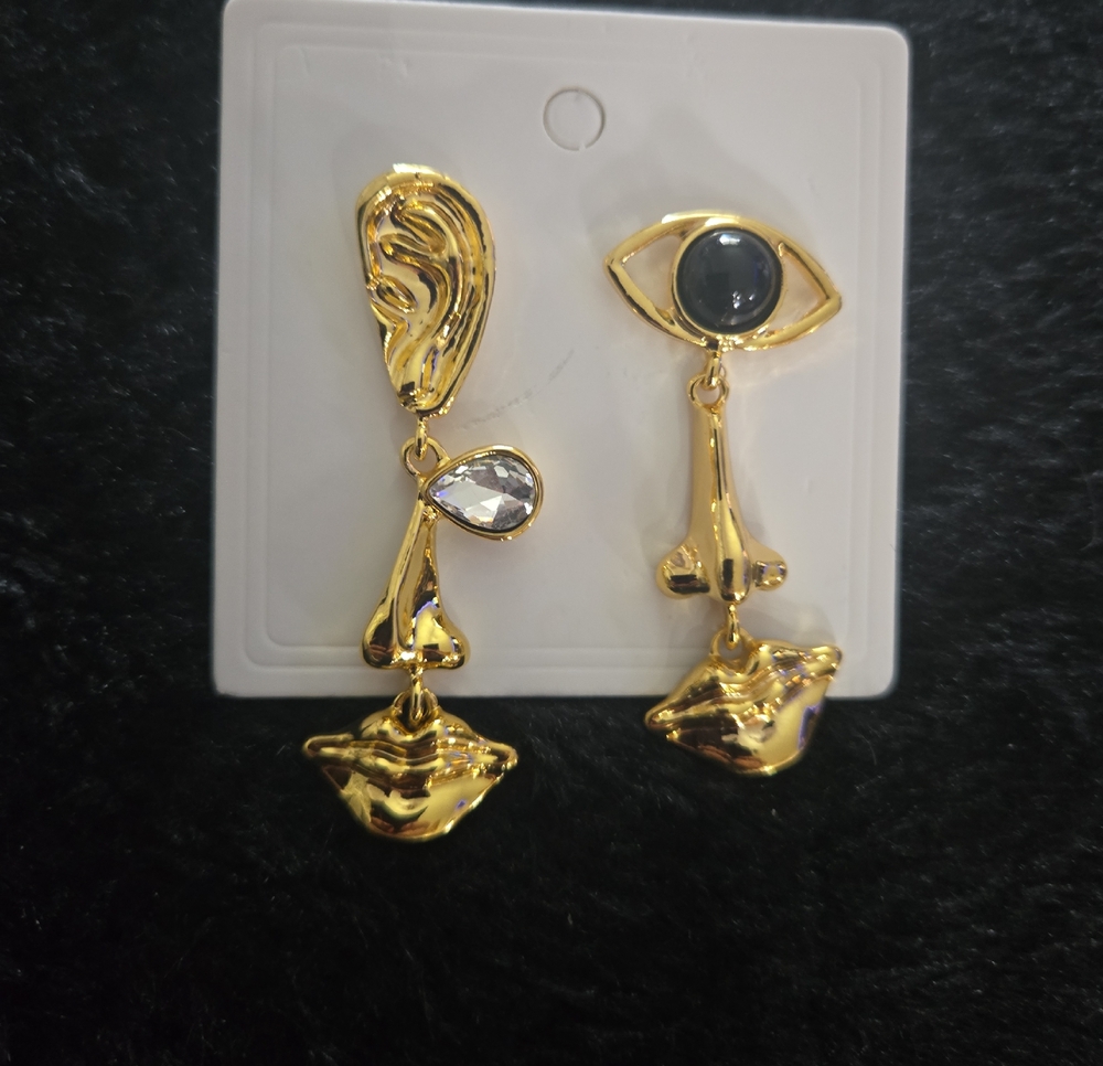 Schiaparelli Inspired Asymmetrical Gold Face & Eye Drop Earrings Crystal Accent